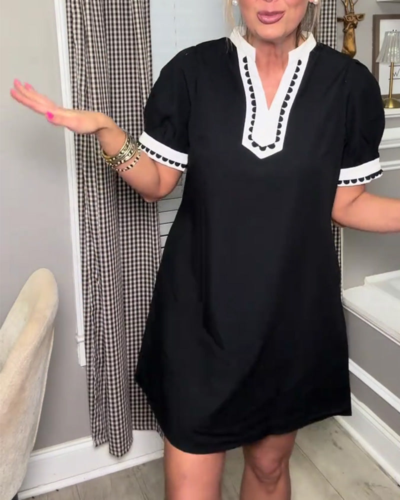 Kleid Blase Ärmel Farbblock V-Ausschnitt