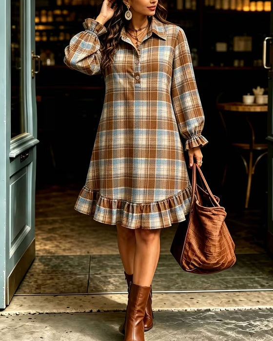 Kleid Revers Knopf Kariert