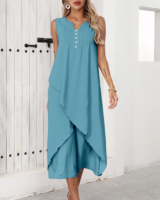 Kleid Gepresst Gekräuselt Unregelmäßiger Saum Ärmellos