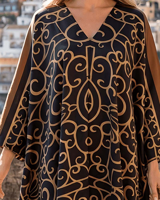 Kleid V-Ausschnitt Farbblock Asymmetrisch Locker