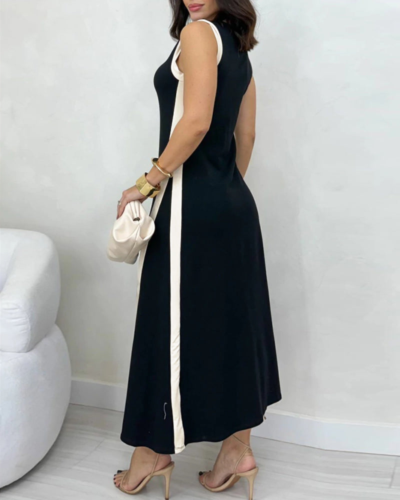 Kleid Colorblock ärmellos Schlitz Maxi