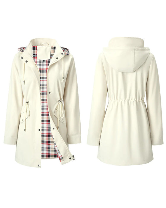 Damen Langer Wasserdichter Trenchcoat Mit Kapuze