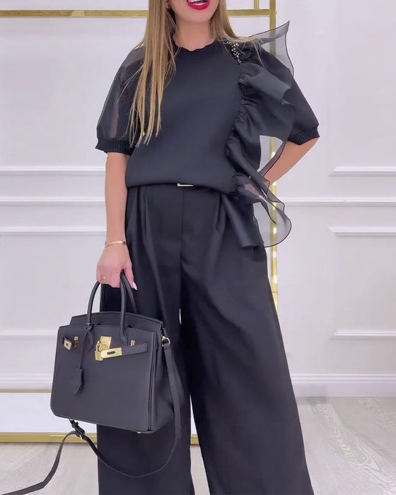 Bluse Rundhals Puffärmel Rüschen Layer-Look