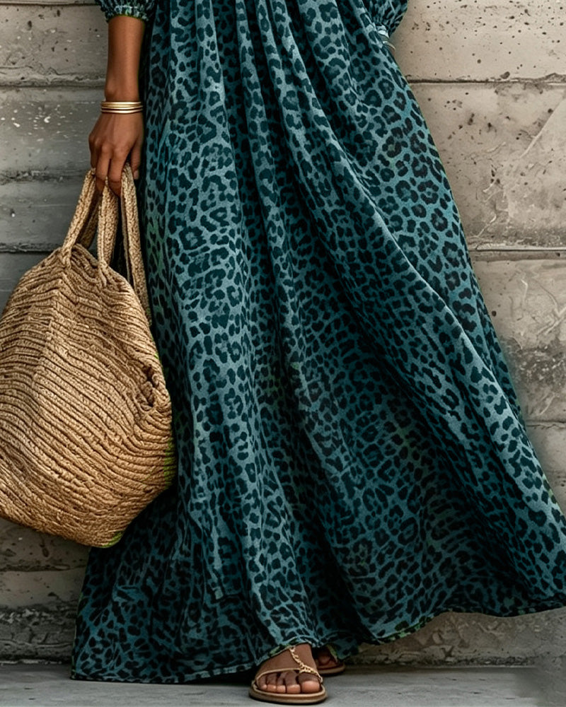 Kleid Leopard Druck V-Ausschnitt Puff Ärmel