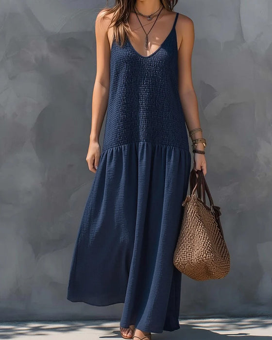 Kleid V-Ausschnitt Träger Gerafft Patchwork Ärmellos