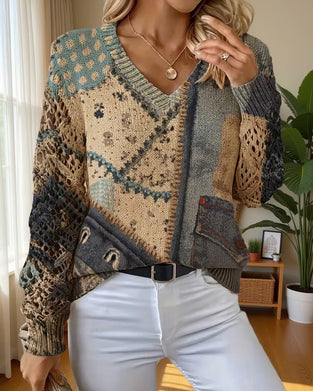 Pullover V-Ausschnitt Farbblock Ausgeschnitten Locker