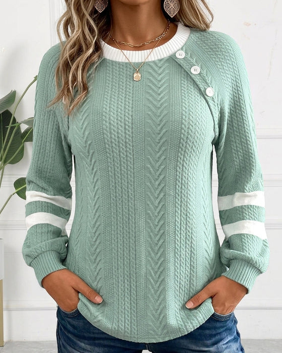 Sweatshirt Rundhals Knopf Gestreift Jacquard