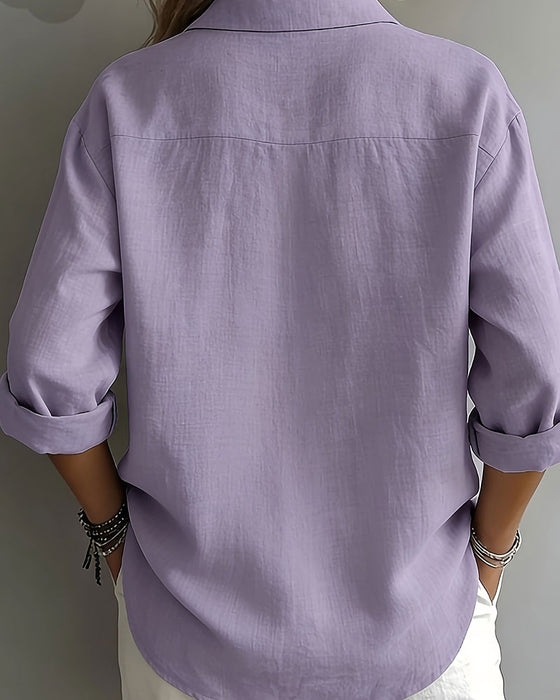 Bluse Einfarbig Revers Halbe Knopfleiste Langarm