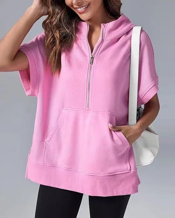 Sweatshirt Kurzarm Teilweiser Reißverschluss Kapuzenpullover