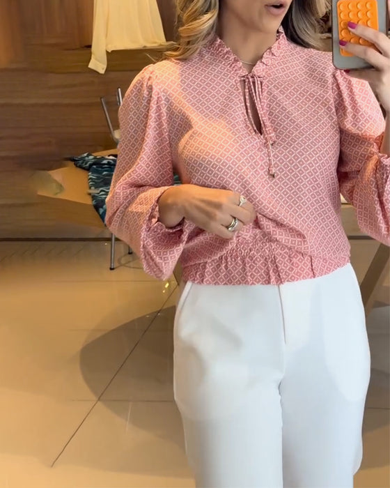 Bluse Puffärmel Stehkragen Karo