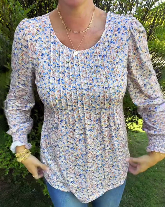 Plissiertes Top mit Blumenmuster und Puffärmeln