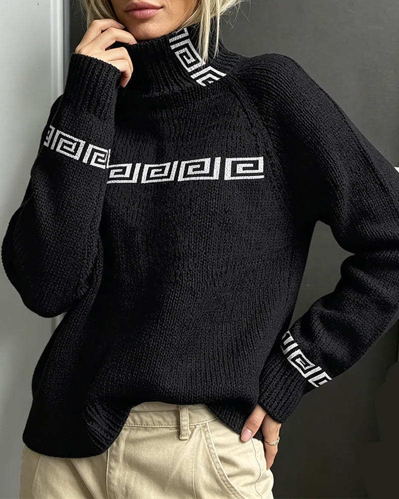Pullover Sweater Geometrischer Mäander Rollkragen