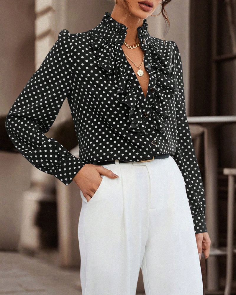 Bluse Mit Hochkragen-Design, Tupfermuster Und Volantbesatz, Eleganter Stimmung