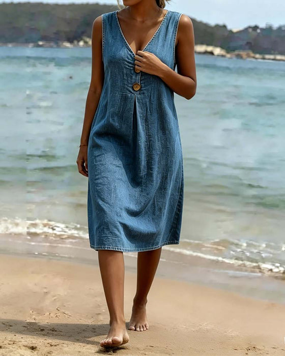 Kleid Denim V-Ausschnitt ärmellos