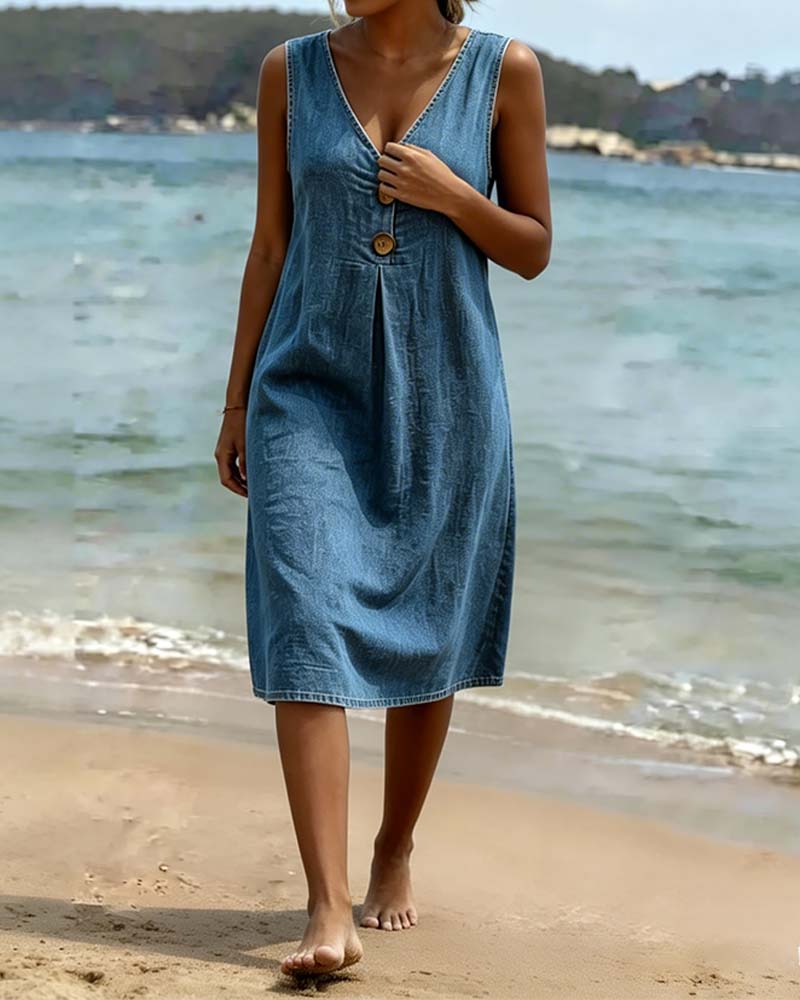 Kleid Denim V-Ausschnitt ärmellos