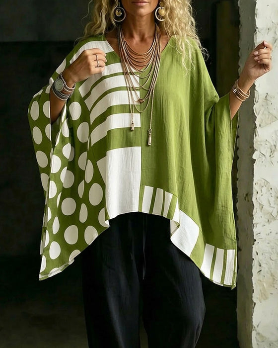 Bluse Polka Dot Streifen Patchwork V Ausschnitt
