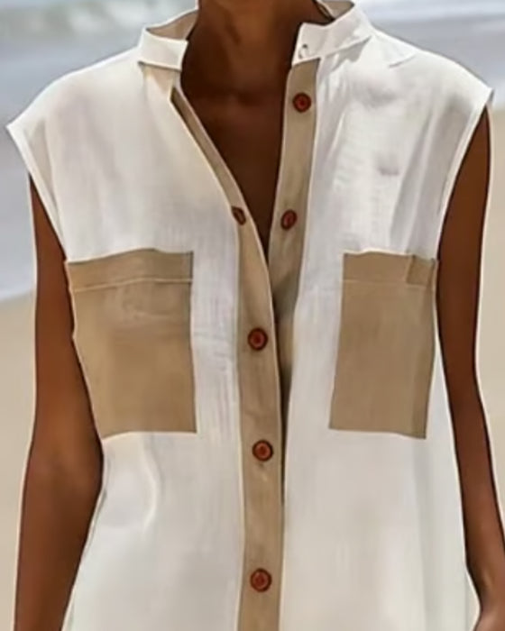 Kleid Farbblock Ärmellos Hemd Midi