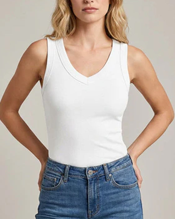 Tanktop V-Ausschnitt Gerippt Einfarbig