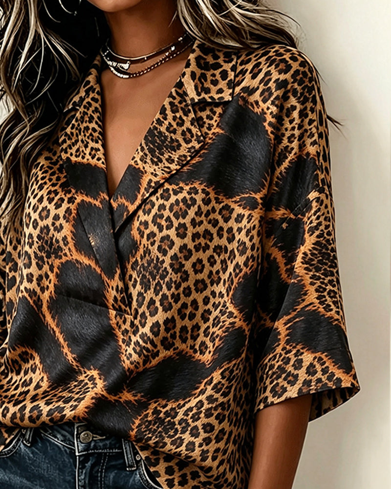 Bluse Revers Kreuz Leopard