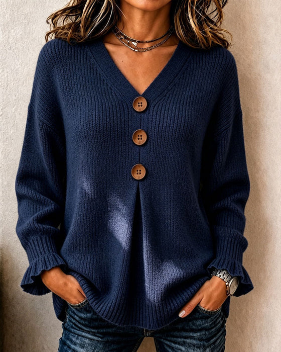 Pullover V-Ausschnitt Knopf Pullover