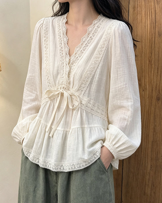 Bluse V-Ausschnitt Blasenärmel Spitze Patchwork Ausgestellt