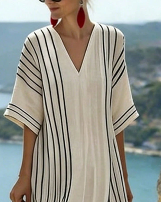 Kleid Off White Schwarz Streifen V Ausschnitt