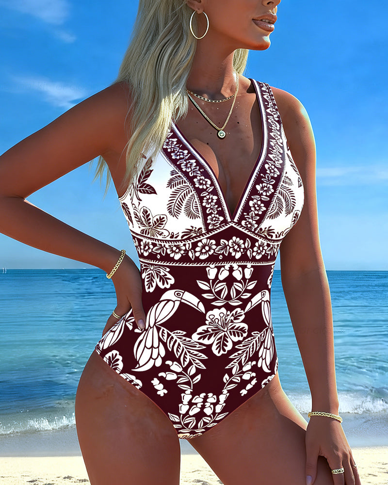 Ein-Teiler Tropisch Blume Und Vogel