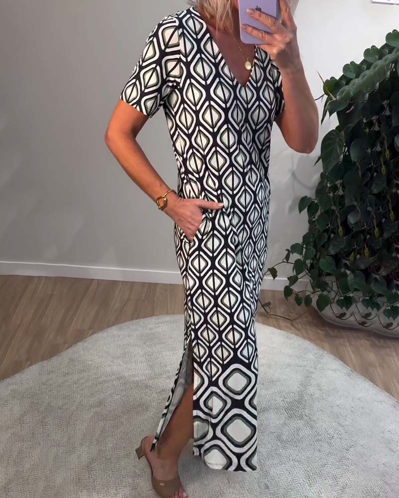 Kleid V-Ausschnitt Geometrisch Kurzärmlig