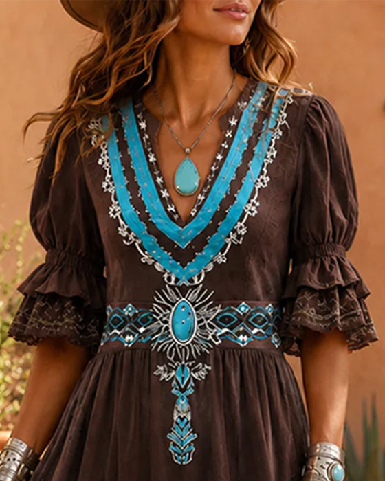 Kleid Bohème Ethnischer Druck Maxi