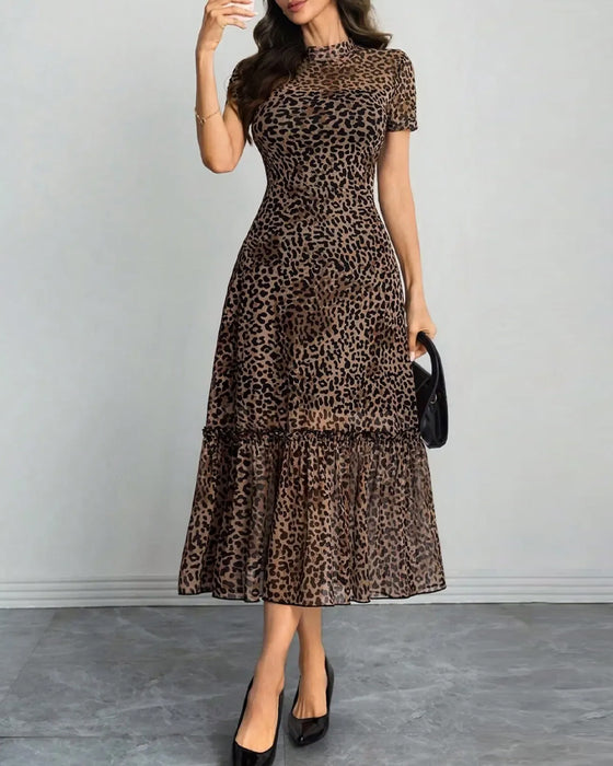 Kleid Leopard Mock Neck Mesh Midi