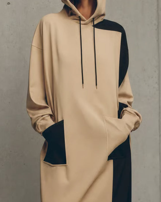 Kleid Kontrast Kapuze Tasche Kordelzug