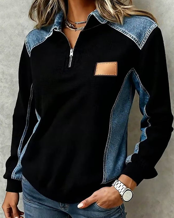 Oberteil Reißverschluss Denim Patchwork Revers