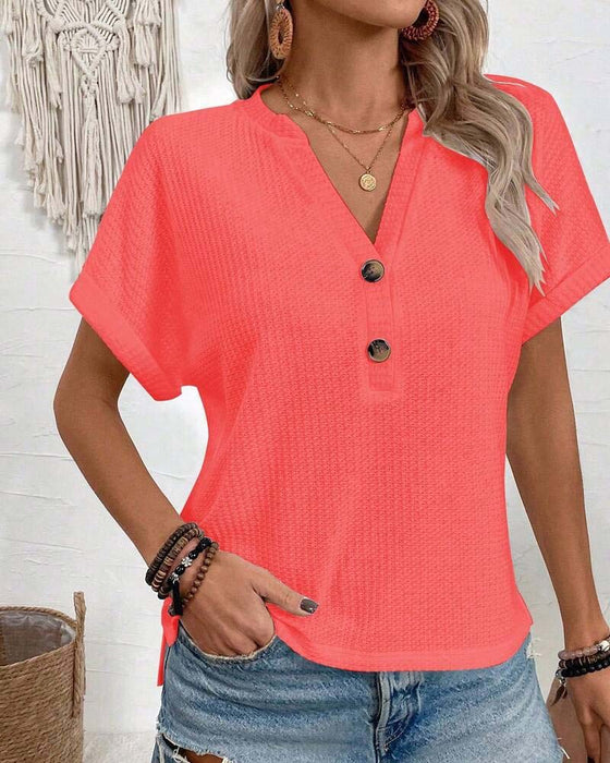 T-Shirt Waffel V-Ausschnitt Knopf