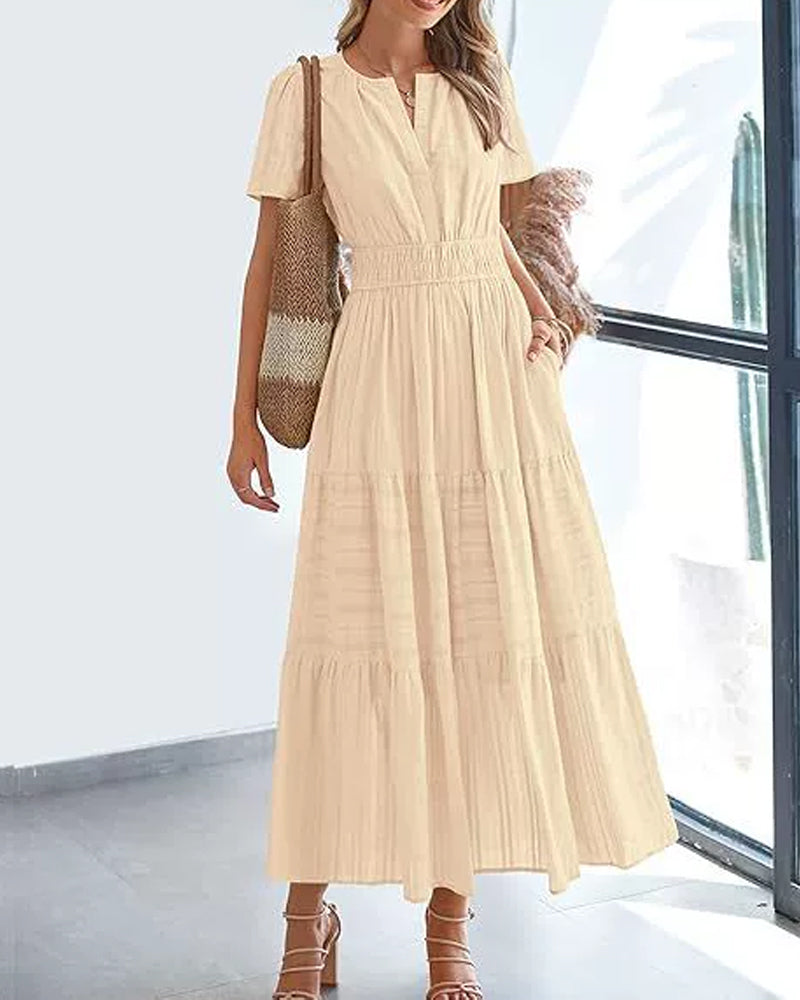 Kleid V-Ausschnitt Gerafft Puffärmel Kurzarm
