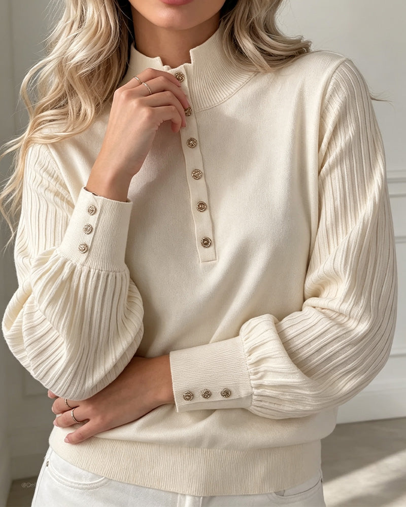 Pullover Rollkragen Knopf Gerippt Puffärmel Sweater