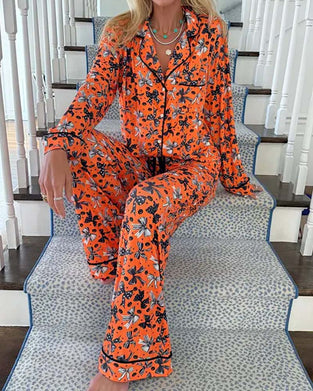 Pyjama Set Hemdkragen Bedruckt Knopf