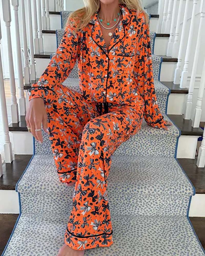 Pyjama Set Hemdkragen Bedruckt Knopf