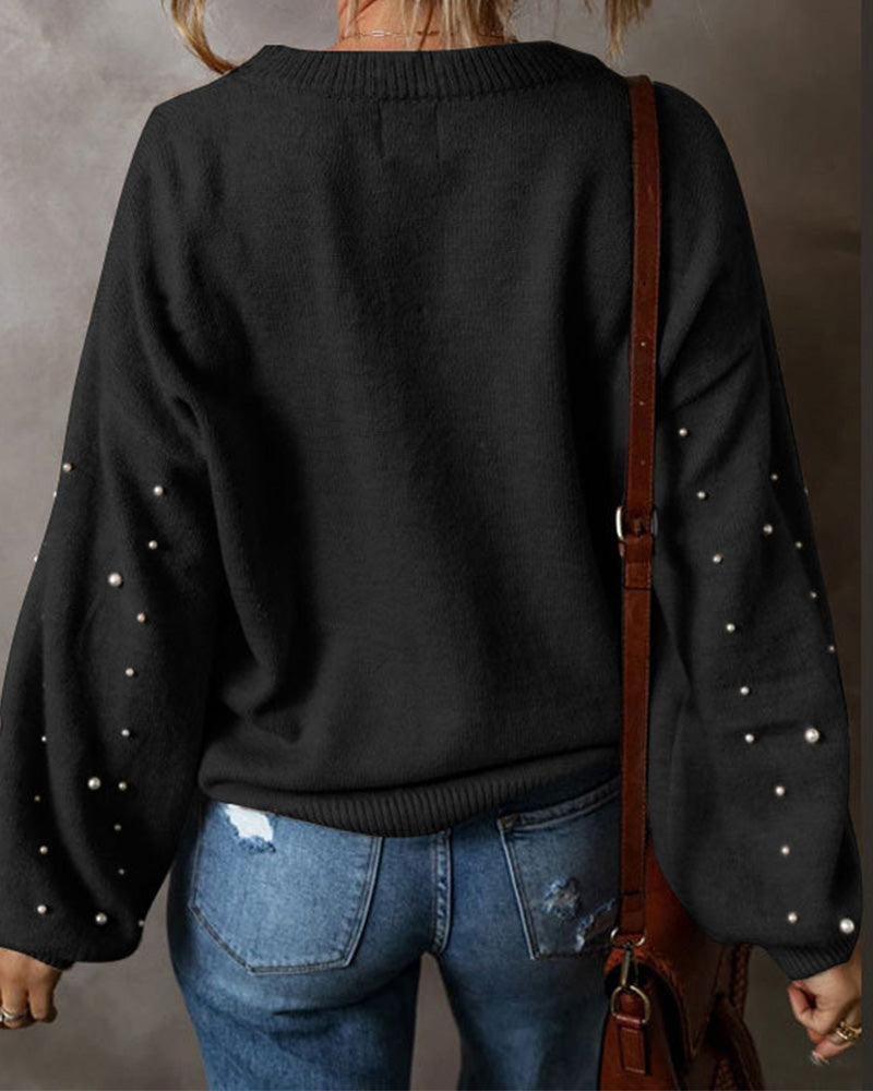 Pullover Mit Perlen Lange Ärmel Rundhals