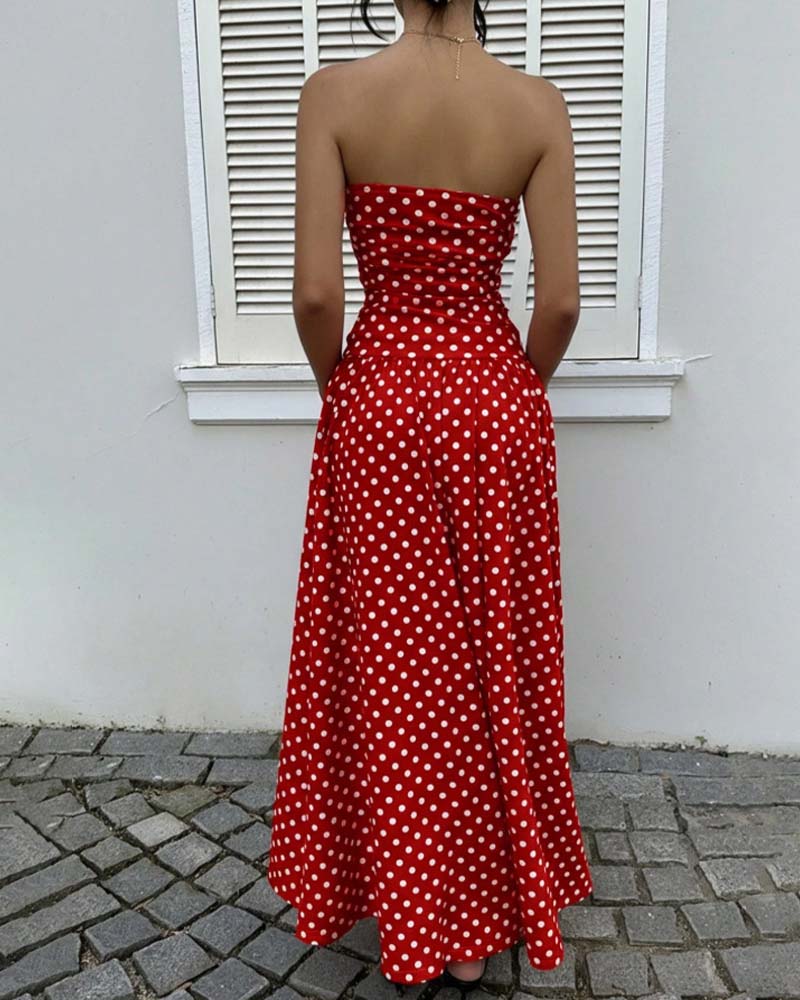 Kleid Tupfen Bandeau A-Linie Lang