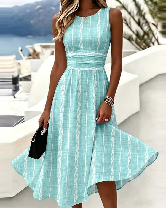 Kleid Rundhals Ärmellos Gestreift Figurbetonte Taille