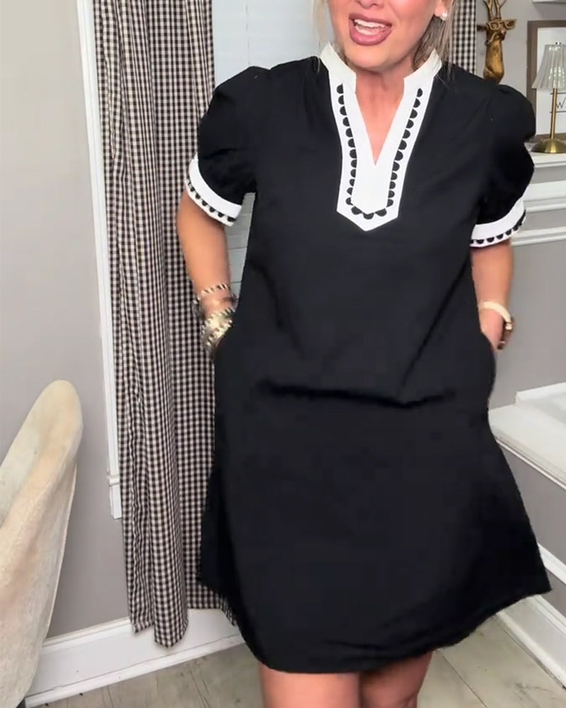 Kleid Blase Ärmel Farbblock V-Ausschnitt