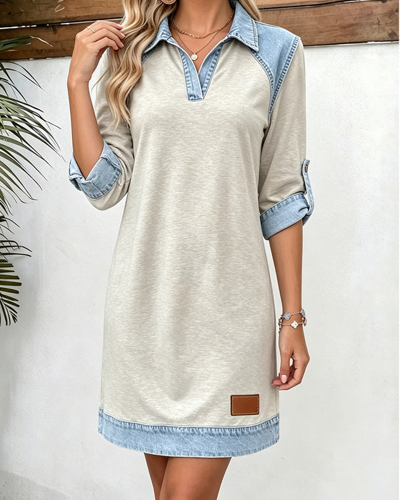 Kleid Denim Patchwork Polo Kragen Langer Ärmel