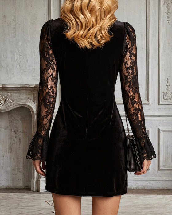 Kleid V-Ausschnitt Einfarbig Langarm