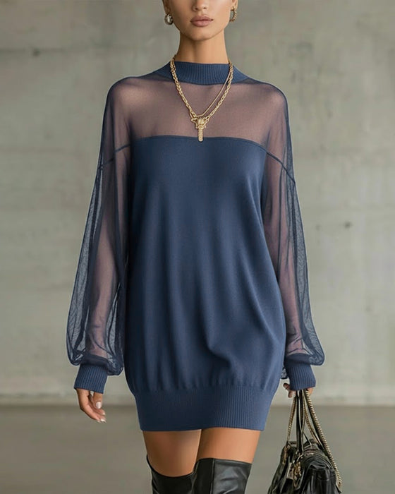 Kleid Laternenärmel einfarbig Patchwork