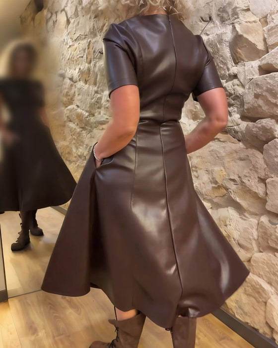 Kleid Pu Leder Tailliert Kurzärmlig