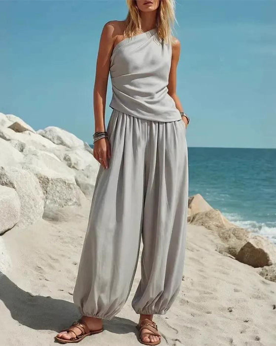 Set Ein Schulter Tank Top Hohe Taille Hose