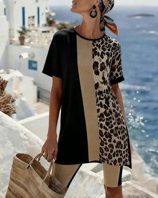 Set Leopardenmuster Colorblock Unregelmäßige Quarter Hosen