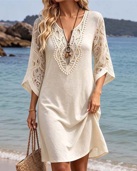 Kleid V-Ausschnitt Spitze Einfarbig