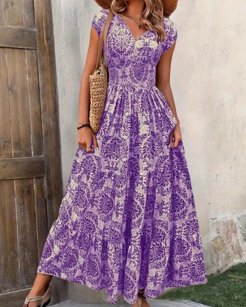 Kleid Retro Print V-Ausschnitt Tailliert Lang