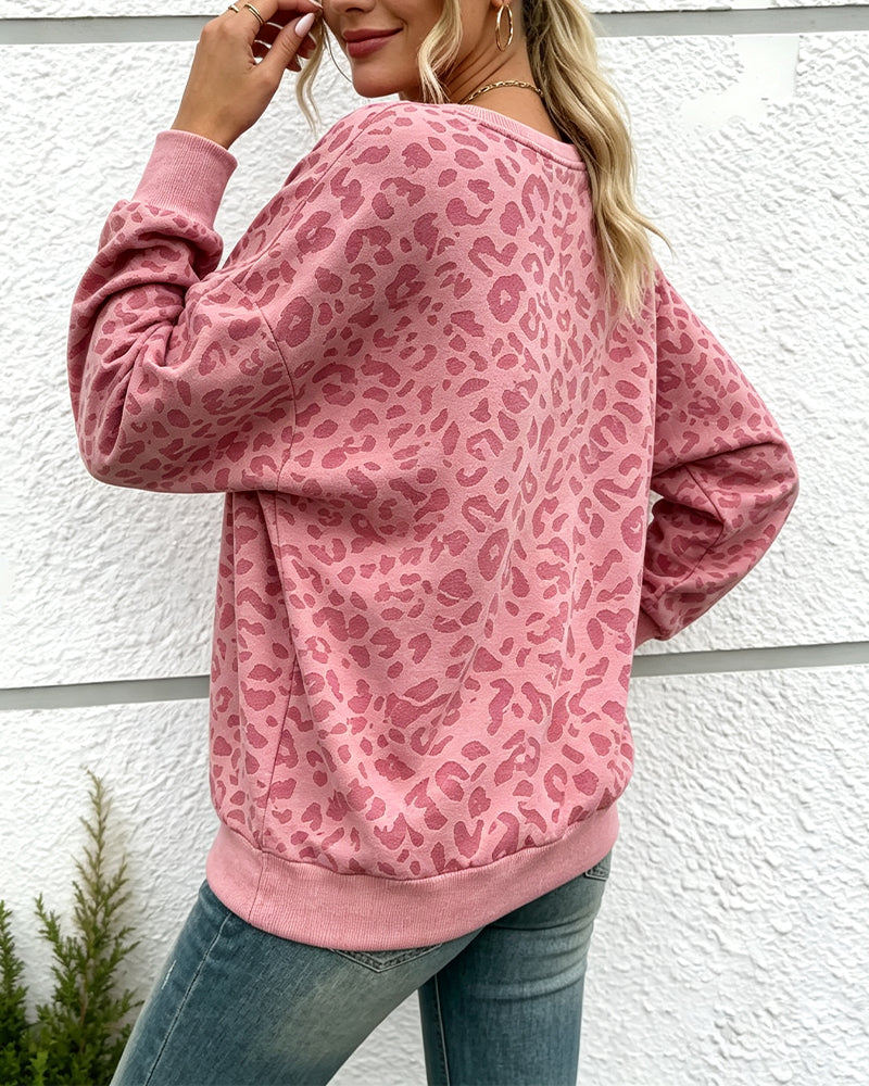 Pullover Sweatshirt Leopard Rundhalsausschnitt Drop Schulter
